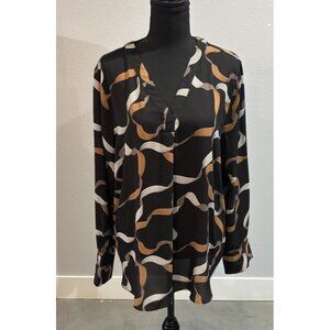 Ann Taylor Loft Black Blouse With Brown Ribbon Pattern Size XL